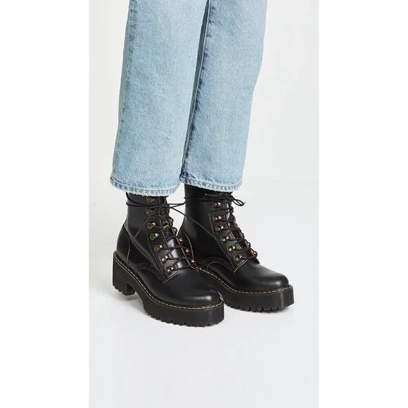 Dr. Martens Heeled Boot Women Black Leona Leather Fashion Boot Sole slip Shoes